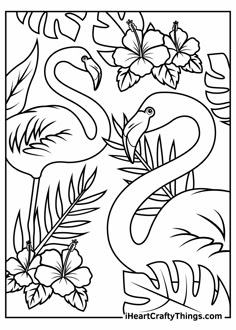 a flamingo and flowers coloring page