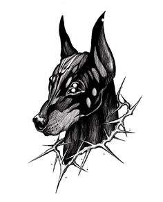 a black and white drawing of a dog's head with thorns around it