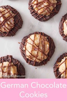 chocolate cookies with caramel drizzle on top and the words german chocolate cookies