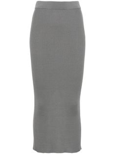 light grey virgin wool ribbed knit slip-on style elasticated waistband rear slit unlined straight hem mid-length Knit Midi Skirt, Yoko London, City Dress, Iconic Bags, Skirt Fits, Demi Fine Jewelry, Summer Beach Wear, Knit Midi, Gray Skirt