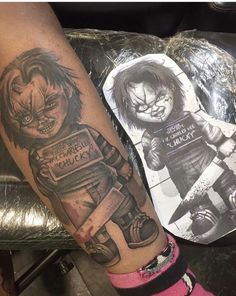 a person with a tattoo on their arm next to an image of the character chucky