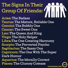 the signs in their group of friends are shown on a black and purple background with white lettering