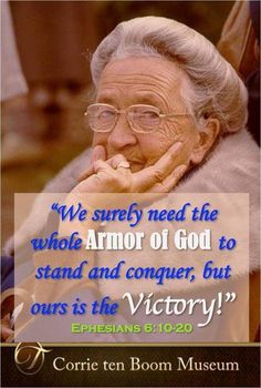 an older woman with glasses and a quote on her face that says, we surely need the whole armor of god to stand and conquer & conquer, but ours is the victory