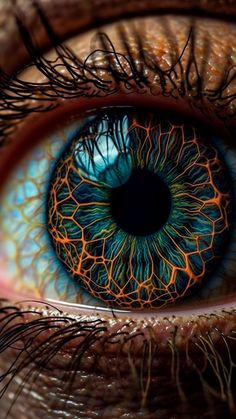 the iris of an eye is shown in this close - up photo, which appears to be blue and orange