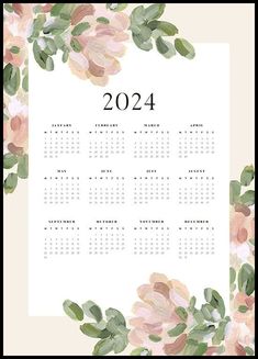 a calendar with watercolor flowers on it