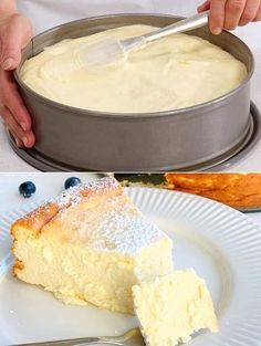 someone is spreading icing on top of a cake in a pan and then topping it with powdered sugar