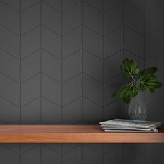 a wooden shelf with a potted plant on it