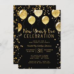 black and gold new year's eve party card with balloons on the front, and confetti on the back