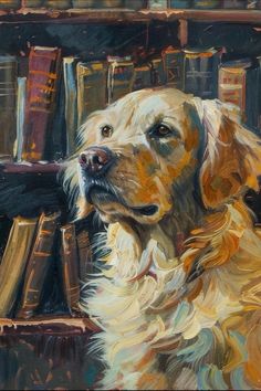 a painting of a dog sitting in front of bookshelves