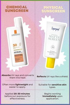 Looking for the right protection for sun-safe skin? From mineral to chemical, find out which sunscreen suits your skin best. Click here for more tips. Best Drugstore Sunscreen, Medical Aesthetician, Spf Face, Safe Sunscreen, Physical Sunscreen, Chemical Sunscreen, Perfect Skin Care Routine, Acne Solutions