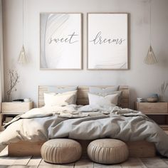 two posters on the wall above a bed in a room with white walls and flooring