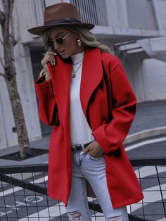 Women's Fall Winter Coat Lapel V-Neck Woolen Jacket Chic V-neck Outerwear With Pockets, Chic Red V-neck Outerwear, Spring Pea Coat With Notch Lapel, Solid Color Lapel Collar Pea Coat For Spring, Solid Color Pea Coat With Lapel Collar For Spring, Spring Pea Coat With Lapel Collar, Single Breasted V-neck Outerwear For Spring, Winter V-neck Blazer With Pockets, Spring Workwear Pea Coat In Solid Color