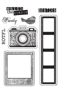 some black and white images with words on them, including an old fashioned film strip