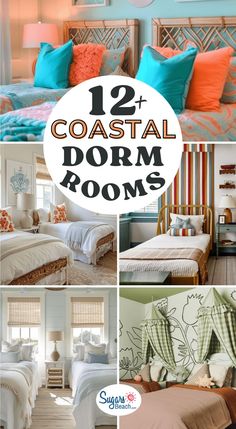 several pictures of different types of beds and pillows in various rooms with text overlay that reads 12 coastal dorm rooms