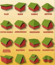 an image of different types of roofing materials for houses and buildings in pixel art