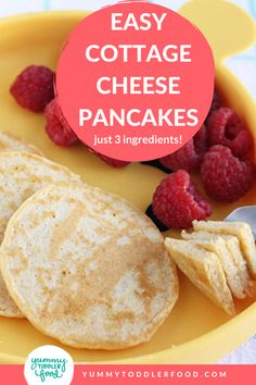 easy cottage cheese pancakes with raspberries in a yellow bowl on a blue and white checkered tablecloth