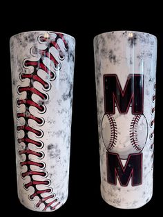 two baseball themed cups with the word mom on them