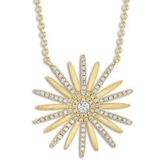 A brilliant round diamond is haloed by two tiers of shimmering round diamonds in this chic women's flower pendant necklace from Shy Creation®. Even more fiery round diamonds embellish petals to complete the look. Fashioned in 14K yellow gold, the total diamond weight is 5/8 carat and the 18-inch rolo chain secures in place with a lobster clasp. Diamond Flower Necklace, Jared The Galleria Of Jewelry, Necklace Clasps, Flower Pendant Necklace, Diamond Flower, Rolo Chain, Chic Woman, Flower Pendant, Diamond Stone