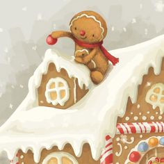 a gingerbread house with a teddy bear on the roof and candy canes around it