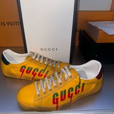 Men’s Gucci (Size 9 Gucci Size) Never Worn Gucci Yellow Sneakers For Streetwear, Gucci Yellow Streetwear Sneakers, Yellow Gucci Sneakers For Streetwear, Yellow Gucci Sneakers With Branded Insole, Gucci Yellow Sneakers With Round Toe, Gucci Yellow Low-top Sneakers, Gucci Yellow Leather Sneakers, Yellow Leather Gucci Sneakers, Gucci Casual Calf Leather Sneakers