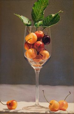 "Cherries in a Glass" oil painting by Fengming Ding available at the R. Michelson Galleries or at rmichelson.com. Glass Oil Painting, Commercial Art, Still Life Art, Fruit Art, Still Life Painting, Glass Painting, Life Art, Strawberries