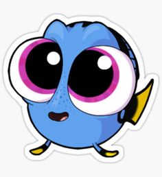 a blue cartoon character with big eyes and yellow beak sticker on a white background