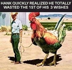 a man standing next to a chicken on top of a dirt field with the caption hank quickly released he totally wasted the 1st of his 3 wishes