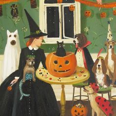 a painting of a woman dressed as a witch with her cats and dogs sitting at a table