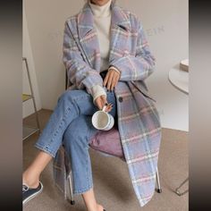 Beautiful Pastel Plaid Oversized Coat By Shein’s Dazy. Great Quality, Single Button Front, New And Never Worn. Size Large For An Oversized Fit! Pastel Plaid, Stylish Suit, Mode Abaya, Women Overcoat, Long Trench, Oversized Coat, Dressy Casual, Winter Fashion Outfits, Preppy Outfits