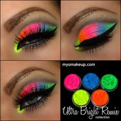 80s Makeup Neon, Glow In Dark Makeup Ideas, Glow Party Makeup Ideas, 80’s Make Up, Glow Party Makeup, Neon Party Makeup Ideas, Neon Eyeshadow Looks, Neon Makeup Ideas, Fluorescent Makeup