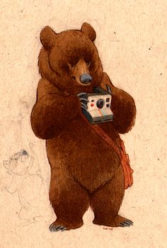 a drawing of a brown bear holding a camera