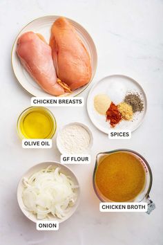 the ingredients for chicken broth are shown in bowls