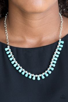 Turquoise teardrop stones and classic silver beads are threaded along an invisible wire. The earthy beads alternate below the collar, creating a wild fringe. Features an adjustable clasp closure.

Sold as one individual necklace. Includes one pair of matching earrings. Extinct Species, Blue Turquoise Necklace, Blue Stone Necklace, Silver Bead Necklace, Paparazzi Accessories, Paparazzi Jewelry, Blue Necklace, Necklace Earring Set, Blue Stone