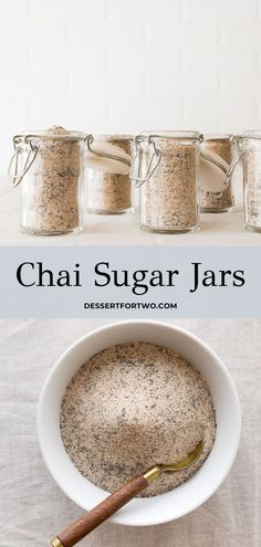 there is a bowl of chia sugar in front of six jars with spoons