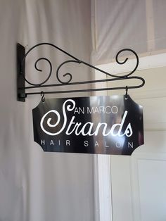 Custom 2-Sided Indoor/Outdoor 6x12 Black Metal Sign with Inverted Corners and Black Scroll Wall Mounted Bracket Wax Center, Door Office, School Store, Salon Signs, House Signs, Market Ideas, Salon Ideas, Wall Mount Bracket, Metal Letters