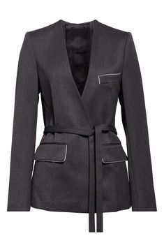 Victoria Beckham reimagines an officewear essential with this blazer-inspired wool jacket refreshed in a clean, minimalist lapel-free silhouette cinched with a matching belt. V-neck Chest welt pocket; front flap pockets Removable tie belt 100% wool Dry clean Made in Portugal Designer Clothing Winter Workwear Blazer With Belted Cuffs, Spring Workwear Blazer With Belt Loops, Classic Blazer With Belted Cuffs For Work, Business Spring Blazer With Belted Cuffs, Workwear Blazer With Belt Loops And Suit Collar, Spring Business Blazer With Belted Cuffs, Belted Cuffs Blazer For Workwear, Tailored Office Blazer With Belted Cuffs, Notch Lapel Blazer With Belt Loops For Work