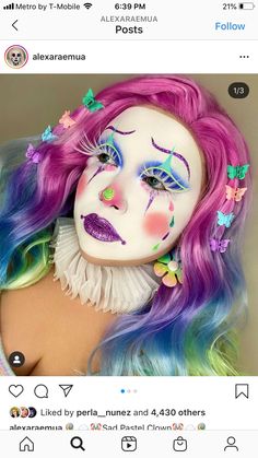 Rainbow Clown Makeup, Pink Goth Makeup, Glam Clown Makeup, Colorful Clown Makeup, Pastel Clowncore, Clown Drag, Clown Core Makeup, Pretty Clown, Clown Hair