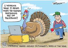 a cartoon depicting a turkey and a man with a laptop