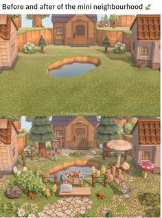 the before and after image of a cartoon house with a small pond in front of it