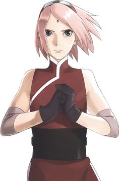 an anime character with pink hair and gloves