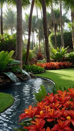 tropical garden with palm trees and water feature