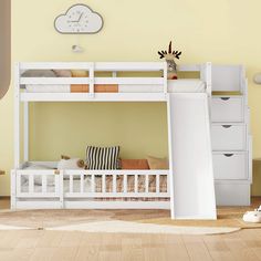 a white bunk bed sitting in a bedroom next to a dresser and clock on the wall