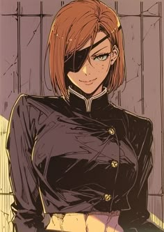 an anime character with red hair and black clothes, standing in front of a wall