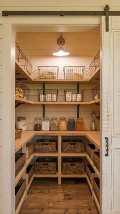 an open pantry with baskets and other items