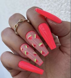 Melon Acrylic Nails, Acrylic Nails Fruit Design, Melon Nails Design, Neon Nail Inspiration, Summer Nails Neon Colors, Neon Fruit Nails, Best Summer Acrylic Nails, Trendy Neon Nails, Fruits On Nails