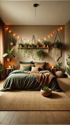 a bedroom with lots of plants on the wall and lights hanging from the ceiling over the bed