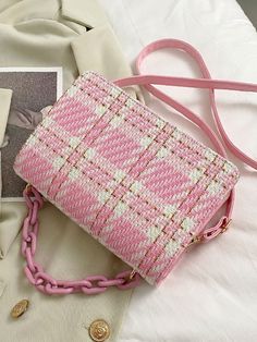 Plaid Pattern Chain Satchel Bag  - Women Satchels Pink Summer Bags With Chain Strap, Spring Pink Bag With Chain Strap, Pink Spring Bags With Chain Strap, Spring Pink Bags With Chain Strap, Pink Chain Strap Bag For Spring, Pretty Purses, Blue Koi, Bag Light, Cornflower Blue