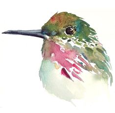 a watercolor painting of a hummingbird on a white background with red, green and blue feathers