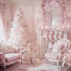 a living room decorated in pink and white