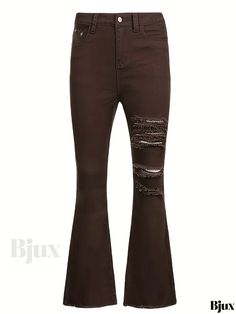 Bjux - High Rise Brown Flare Jeans with Distressed Detailing - Womens Denim & Clothing Trendy Distressed Brown Jeans, Distressed Brown Cotton Jeans, Casual Ripped Brown Bottoms, Brown Stretch Jeans For Summer, Summer Stretch Brown Jeans, Brown Flare Jeans, Brown Flares, Fall Care, Denim Clothing